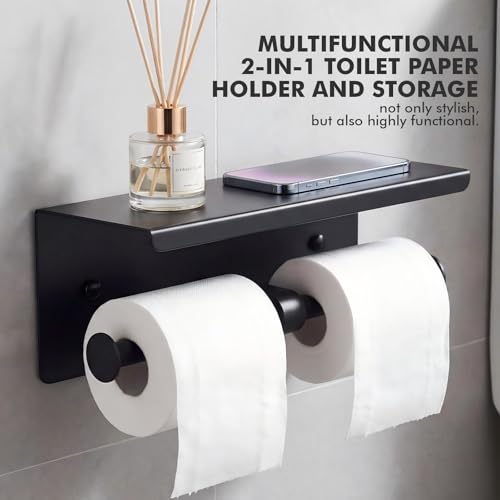 Double Toilet Paper Holder with Shelf, Wall Mount Tissue Roll Holder for Bathroom, 304 Stainless Steel Commercial Toilet Tissue Dispensers with Phone Shelf(Black) - color: Black