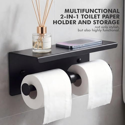 Double Toilet Paper Holder with Shelf, Wall Mount Tissue Roll Holder for Bathroom, 304 Stainless Steel Commercial Toilet Tissue Dispensers with Phone Shelf(Black) - color: Black