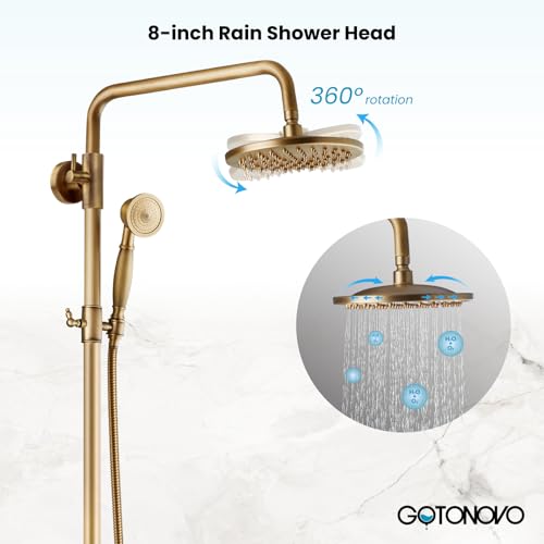 gotonovo Exposed Shower System with Shelf 2 Cross Handle Antique Brass | Bathroom Brass Shower Faucet Set,8’’ Rainfall Head with Handheld Sprayer,SUS304 Shelf,6’’ Hole Distance,Adjustable Height - color: Antique Gold