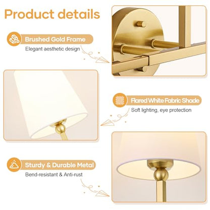 MOKATNG Bathroom Light Fixtures, 3-Light Brushed Gold Vanity Lights, Bathroom Lighting Fixtures Over Mirror with Flared White Fabric Shade, Modern Wall Sconces for Living Room Hallway - color: Brushed Gold & White Shade