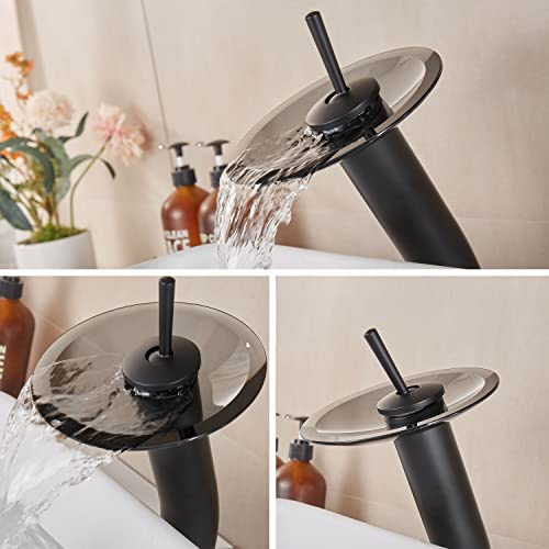 Waterfall Bathroom Faucet Glass Single Handle Solid Brass Basin Lavatory Vessel Sink Vanity Faucet, Tall, Black - color: Black