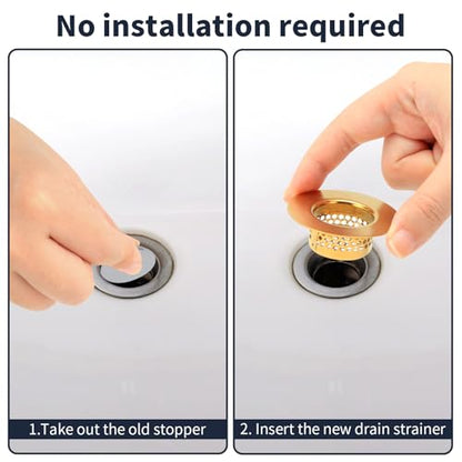 Snailhouse Bathroom Sink Strainers, 2 Pack 1.96 Inches Stainless Steel Small Utility Mesh Sink Drain Stopper Basket Cover Plug Screen, Gold