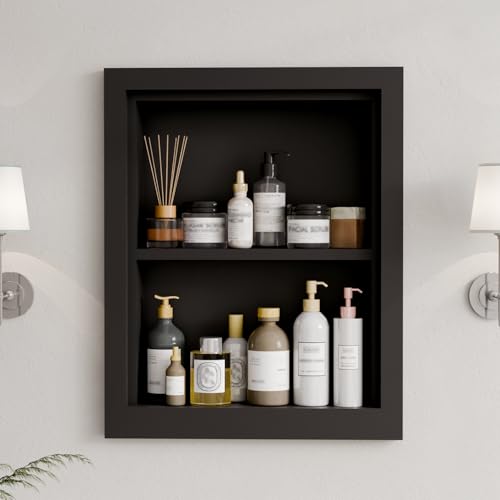 Solid Wood 14 X 18 Recessed Medicine Cabinet,2-Tier, Medicine Cabinet Organizer,Wall Niche, Bathroom Wall Cabinet Black - color: Black, size: Classic 2-Tier