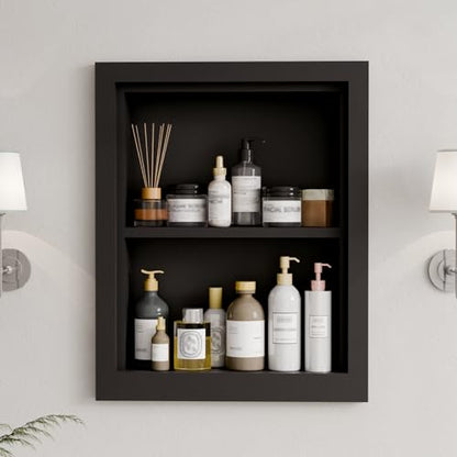 Solid Wood 14 X 18 Recessed Medicine Cabinet,2-Tier, Medicine Cabinet Organizer,Wall Niche, Bathroom Wall Cabinet Black - color: Black, size: Classic 2-Tier