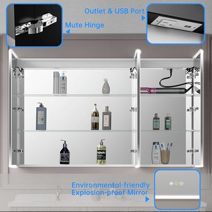 Recessed Medicine Cabinet with Mirror 60"x36" Medicine Cabinet Mirror | Lighted Medicine Cabinet, Bathroom Medicine Cabinet with Mirror, Adjustable Shelves, Defogger, Outlets, USB, Dimmable - size: 60x36 Inch-Recessed