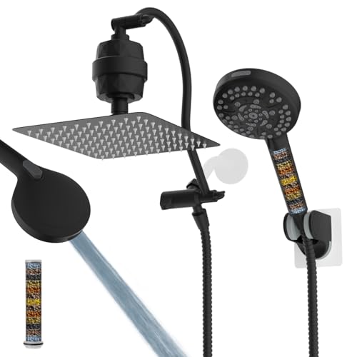 Hibbent All Metal 10'' Dual Filtered Rainfall Shower Head Combo, High Pressure Handheld Shower Head with 12'' Adjustable Curved Extension Arm, 20 Stage Shower Filter, 10-spray, 71'' Hose, Matte Black - color: Matte Black Finished, style: Square 10'' with