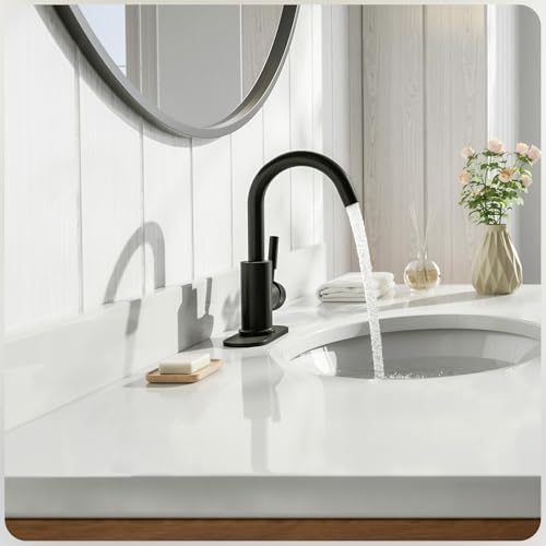 Single Hole Matte Black Single-Handle High-Arc Stainless Steel Faucet for Pre-Kitchen Sink/Bar Sink/Bathroom Sink, with 4 Inch Deck Plate and Supply Hoses, Matte Black, WE08E-MB - color: Matte Black