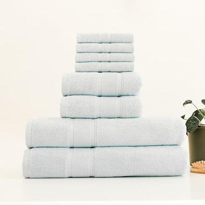 Luzia 8 Piece Towel Set - 100% Turkish Cotton, Premium Quality - 2 Bath Towels 2 Hand Towels and 4 Washcloths (Light Blue) - color: Light Blue