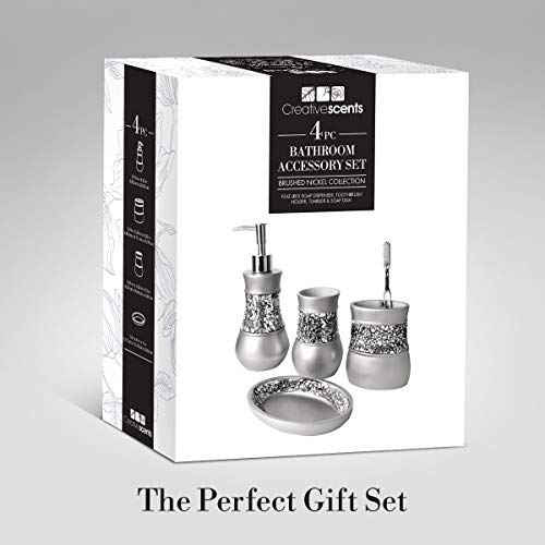 Creative Scents 4 Pc. Resin Bathroom Accessory Set | Silver Crackled Glass | Includes Soap Dispenser, Toothbrush Holder, Tumbler Cup and Soap Dish - style: 4 Pc Set