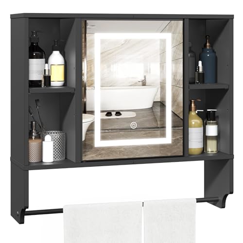 MAHANCRIS Bathroom Wall Cabinet with Mirror, Wall Mounted Medicine Cabinet with Color Adjustment LED Lights, Mirrored Over The Toilet Storage Cabinet with Adjustable Shelves, 23.6''W x 21.6''H, Black - color: Black