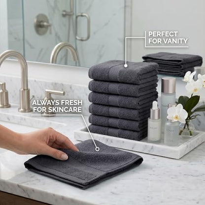 Sofea 100% Cotton Washcloths Set of 12, (12 x 12 Inch) 520 GSM Wash Cloths, Extra Soft Absorbent Quick Dry Face Towels - color: Dark Grey
