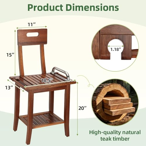 Shower Stool with Shelf and Handrails, Solid Water-Resistant Teak Shower Stool, Easy to Assemble, 300 lbs Capacity, 18.5 Inches, Ideal for Seniors, Kids & Those with Mobility Needs