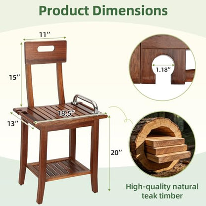 Shower Stool with Shelf and Handrails, Solid Water-Resistant Teak Shower Stool, Easy to Assemble, 300 lbs Capacity, 18.5 Inches, Ideal for Seniors, Kids & Those with Mobility Needs