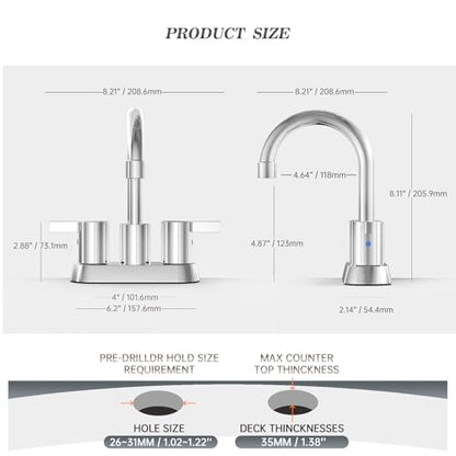 Phiestina 4 Inch Centerset 2 or 3 Holes 2 Handle Chrome Lead-Free Bathroom Faucet, Swivel Spout with Copper Pop Up Drain and 2 Water Supply Lines, BF015-1-C - color: Chrome