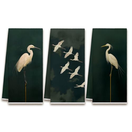Japanese Crane Kitchen Dish Towels, Bird Lover Gifts, Dark Green Asian Oriental Japandi Crane Bird Decorative Hand Tea Towels for Bathroom Kitchen, 16x24 Inches Set of 3 - color: Color-a08