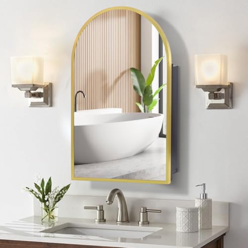 Movo Arched Gold Medicine Cabinet with Mirror 20 x31 Inch | Metal Framed Bathroom Mirror Medicine Cabinet Wall Mounted,Recessed Medicine Cabinets for Bathroom with 2 Removable Shelves - size: 20"W x 31"H x 5"D-Gold
