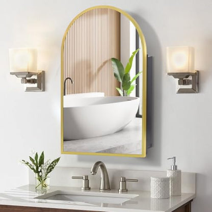 Movo Arched Gold Medicine Cabinet with Mirror 20 x31 Inch | Metal Framed Bathroom Mirror Medicine Cabinet Wall Mounted,Recessed Medicine Cabinets for Bathroom with 2 Removable Shelves - size: 20"W x 31"H x 5"D-Gold
