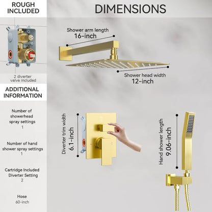 STARBATH Shower Faucet Set Shower System with Diverter Valve, Brushed Gold | 12" Wall Mount Rain Shower Head and Handheld Spray for Two Person, Shower System with Diverter Valve and Trim Kit Complete - color: Gold, size: 12"-01