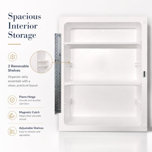16” x 22” White Recessed Medicine Cabinet | Bathroom Storage Cabinet with Adjustable Shelves, Rust-Proof Design with Wooden Door | Modern Beveled Edge Wall Mounted Medicine Cabinets - color: White