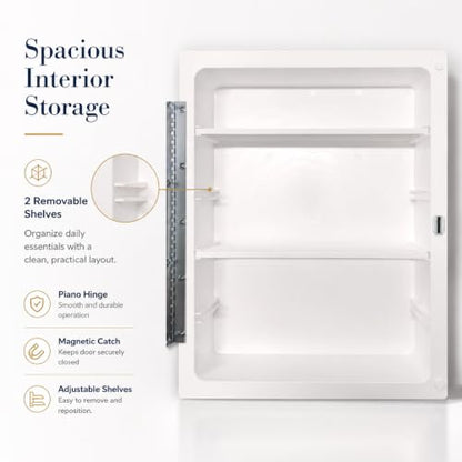 16” x 22” White Recessed Medicine Cabinet | Bathroom Storage Cabinet with Adjustable Shelves, Rust-Proof Design with Wooden Door | Modern Beveled Edge Wall Mounted Medicine Cabinets - color: White
