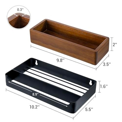 MyGift Modern Matte Black Wall Mounted Towel Rack with Acacia Wood Shelf – Metal Bathroom Storage Organizer for Towels and Décor