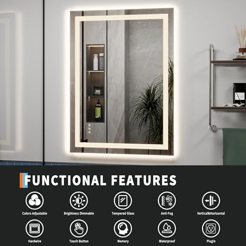 24x32 LED Vanity Mirror for Bathroom, Dual Backlit & Front Lighting, 3CCT Dimmable, Anti-Fog, Shatterproof Tempered Glass, ETL Certified, Memory Feature, Modern Frameless Wall Mirror with Lights