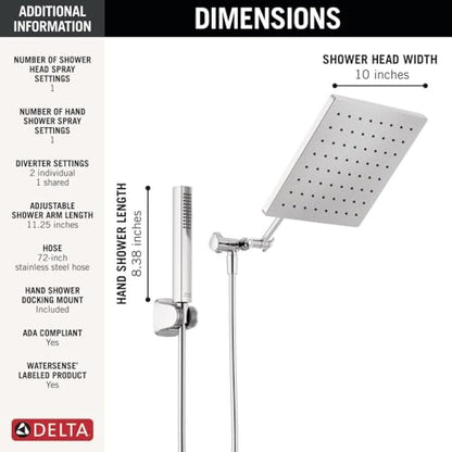 Delta Faucet 10-inch Raincan Shower Head and Hand Held Shower Combo, Chrome Square Shower Head, Rainfall Shower Head, Hand Shower, High Pressure Shower Head, 1.75 GPM Flow Rate, Chrome 75527 - color: Chrome
