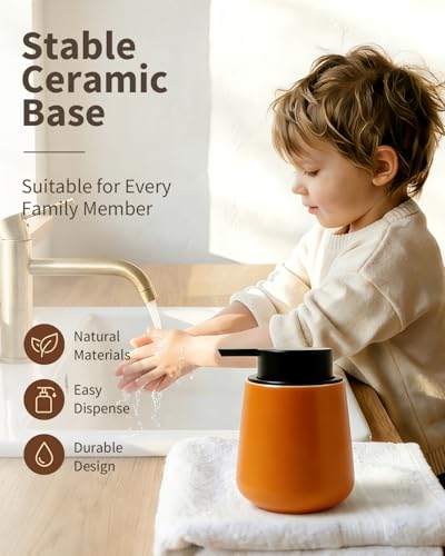 Bosilunlife 12Oz Ceramic Foam Soap Dispenser for Bathroom Kitchen Counter | Premium countertop foam pump creates delicate dense foam, stable desktop placement, Orange - color: Orange