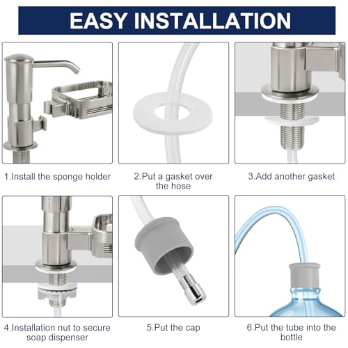 Soap Dispenser for Kitchen Sink, Built in Sink Soap Dispenser Pump with Sponge Holder, Brushed Nickel ABS Sink Dish Soap Dispensers Under Counter, with 39" Extension Tube Kit,No Refill Needed - color: Brushed Nickel
