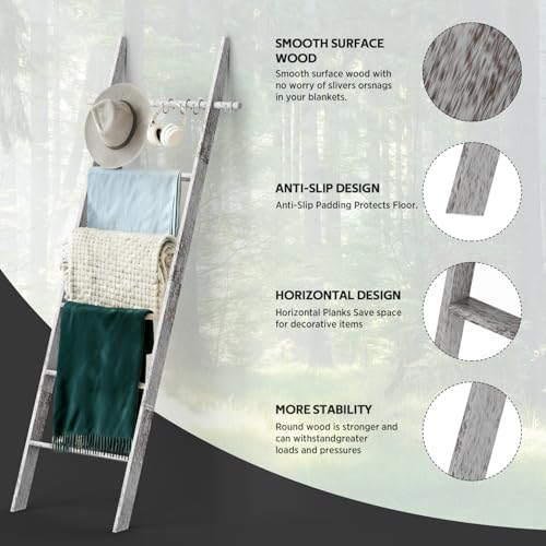 Farmhouse Wooden Blanket Ladder Living Room White 6-Tier | Blanket Rack Decorative Stand with Removable Hooks, Leaning Towel Quilt Rack Holder - color: White