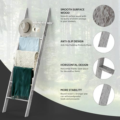 Farmhouse Wooden Blanket Ladder Living Room White 6-Tier | Blanket Rack Decorative Stand with Removable Hooks, Leaning Towel Quilt Rack Holder - color: White