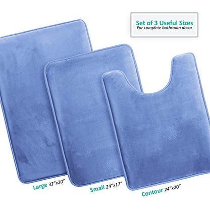 Clara Clark 3 Piece Bathroom Rugs Bath Mat Set, Velvet Memory Foam Bath Mats for Bathroom - Non-Slip, PVC Backing Bath Rugs, Washable - Dries Quickly, Blue - color: Calm Blue