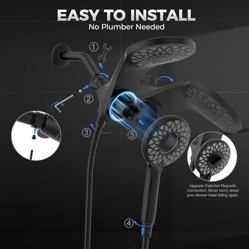 High Pressure Rain Shower Head with Handheld Spray Combo | Detachable Dual Shower Head with 10 Sprays Modes - Upgrade Knob Spray Mode Selector and Magnetic Guidance Docking System - color: Matte Black