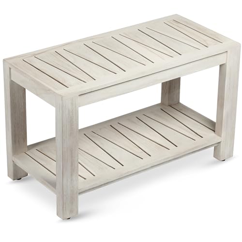 The Sitara Teak Shower Bench with Shelf, 30" Wide, Rustic Light Grey Wash