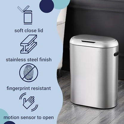 happimess 13.2 Gal Oval Motion Sensor Trash Can, Platinum Silver | Oval, Motion Sensor, Touch Mode, Fingerprint Resistant, Stainless Steel, Soft Close Lid, 17.7" W x 9.84" D x 24.2" H - color: Platinum Silver