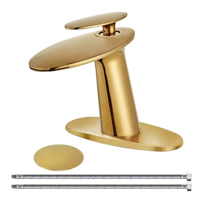 Shiny Polished Gold Waterfall Bathroom Sink Faucet and Pop Up Drain - color: Polished Gold, size: Short Body