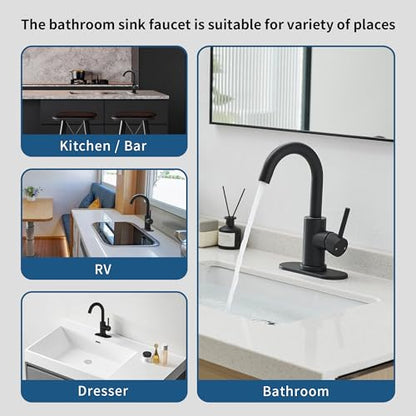 Black Bathroom Faucet 1 Hole,Wet Bar Sink Faucet with Pop-Up Drain,Stainless Steel Single Handle Small Kitchen Faucet with 4 in Deck Plate,360°Swivel Faucet for Farmhouse Vanity Sink Lavatory and RV - color: Black, style: Rotatable
