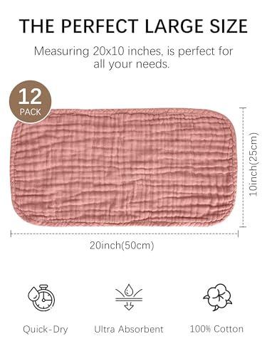Lovely Care 12 Pack Muslin Burp Cloths 100% Cotton Muslin Cloths Large 20''x10'' Extra Soft and Absorbent Baby Burping Cloth - Blush and Terracotta - color: Blush and Terracotta, size: 10x20 Inch (Pack of 12)