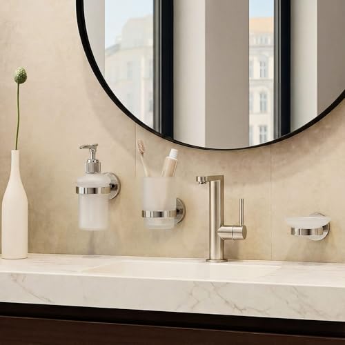 3 Set Wall Mounted Bathroom Accessory Set, Glass Soap Dispenser & Toothbrush Holder with Soap Dish, Stainless Steel Bathroom Wall Organizer for Modern Kitchen Bathrooms