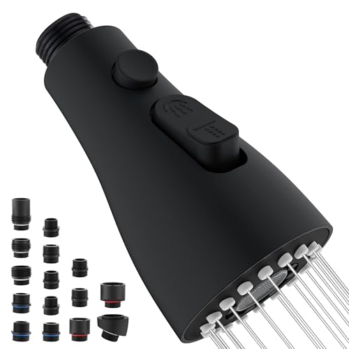 Kitchen Faucet Head Replacement, 15 Adapters, 3-Mode Pull Down Sprayer Head | 3 Functions Stream Spray Pause, Easy 5-Min Install, Pull Out Nozzle, Matte Black, Compatible with Moen Delta Hansgrohe - color: Matte Black