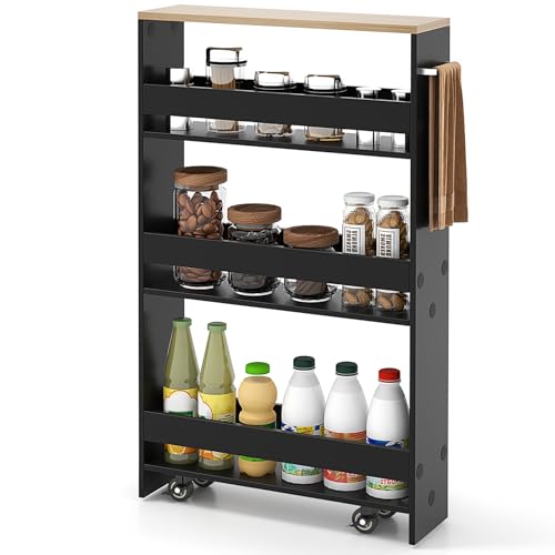 COSTWAY Slim Rolling Storage Cart, 4-Tier Rolling Utility Cart, Wood Kitchen Storage Cart with Handle & Wheels, Narrow Rolling Shelving Unit for Kitchen Bathroom Laundry Small Places (Dark) - color: Dark