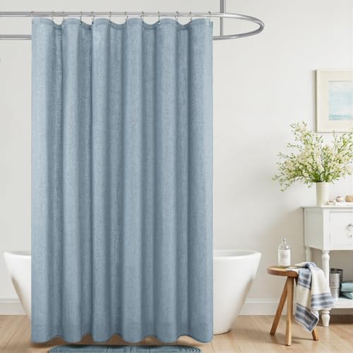 KOUFALL Light Blue Shower Curtain Liner Linen Fabric Waterproof Washable Pretty Boho Vintage Shower Curtains for Bathroom Decor with Hooks,72 x 72 Inch,Stone Dusty Grey Blue - color: Stone Blue, size: 72"W x 72"L (Pack of 1)