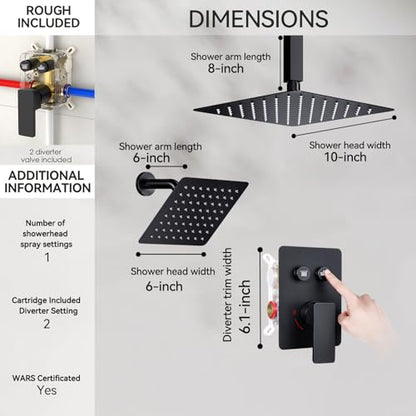 Rainfall Shower System, STARBATH 10" Ceiling Mount Rain Showerhead and 6" Wall Mounted Rainfall Shower for Couples, On Off Button Valve Dual Head Shower Systems Complete, Matte Black - color: Matte Black, size: 10+6 inch-14