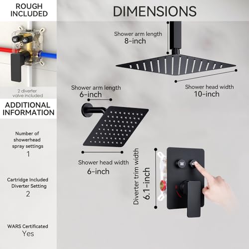 Rainfall Shower System, STARBATH 10" Ceiling Mount Rain Showerhead and 6" Wall Mounted Rainfall Shower for Couples, On Off Button Valve Dual Head Shower Systems Complete, Matte Black - color: Matte Black, size: 10+6 inch-14