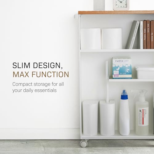 Yamazaki Home Slim Rolling Storage Cart – Narrow Bathroom Storage Cabinet With Handle, Slim Bathroom Storage Cart With Wheels, Easy Assembly, Steel + Wood, White, 27" - Steel - - color: White