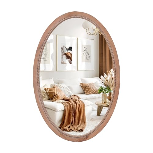 sawsile Oval Wood Mirror,20x30 inch Rustic Farmhouse Natural Wooden Frame Boho Beads Wall Mirror for Bathroom,Living Room,Bedroom or Entryway - color: Nature, size: 30"L x 20"W