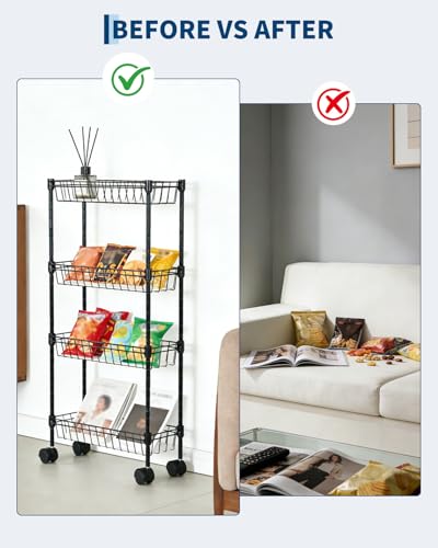 GarveeHome Slim Rolling Storage Cart, 4 Tier Metal Utility Cart with Wheels, Adjustable Shelving Unit Basket for Kitchen Bathroom Laundry Room Living Room & Narrow Corner, 15.75"X5.91"X31.5", Black - size: 4 Tier