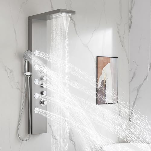 DELAVIN Stainless Steel Shower Tower, Multi Function Shower Panel Tower | Rainfall Waterfal, Full Body Shower System with Body Jets and Handheld Shower, Brushed Nickel, Solution for Rental Properties - color: Brushed Nickel, style: 5 Body Jets
