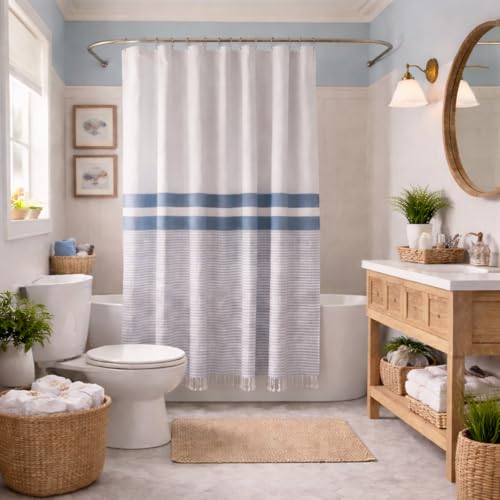 Striped Cotton Blend Shower Curtain with Fringe, Luxury Jacquard Fabric, Machine Washable, 72x72 Inch, Seabreeze - color: Seabreeze