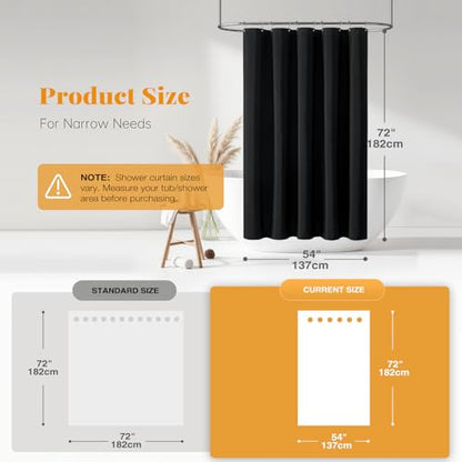 Narrow Linen Textured Waterproof Thick Shower Curtain, 54x72, Black | Small Size, 230GSM Polyester, Heavy Duty Fabric, Weighted Hem, 10 Plastic Hooks, Modern Luxury Hotel Style, Machine Washable - color: Black, size: 54"W x 72"L (Pack of 1)
